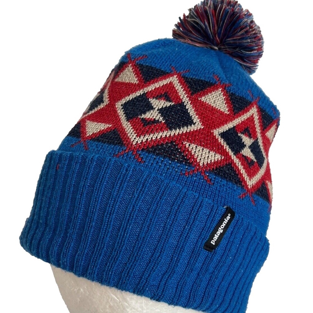 Vintage Patagonia Beanie Diamond Print Knit Pom Hat Size OS Red Blue Toque